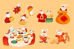 卡通新年春节元旦2023兔年兔子家人团圆饭美食火锅电商消费生肖年货节古建筑传统节日中国风国潮矢量插画下载