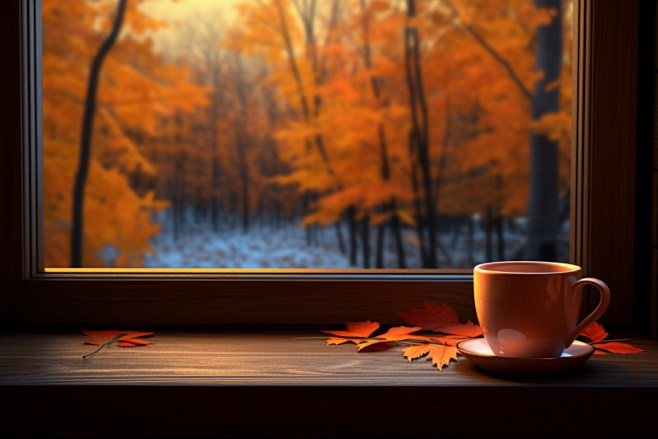 秋季窗边赏秋景喝茶下午茶氛围摄影图