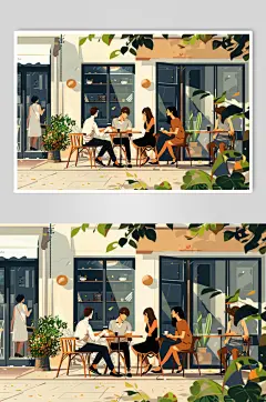 AI数字艺术咖啡厅下午茶人物插画-众图网