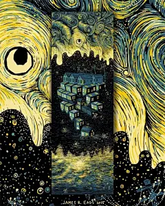 Eads 的时光旅行！仿佛看到了梵高的星空再现！ : 　　看到艺术家与插画师James R. Eads的画作，似乎一下子游离到了另一个世界。 　　由詹姆斯•R•伊兹（ James R. Eads ）创作的绚丽插图被克里斯•麦克丹尼尔（ Chris Mcdaniel ）转变成的GiF动图，仿佛看到了梵高的