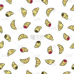 无缝矢量模式与涂鸦手绘牛角面包。可爱甜点的彩色插图。