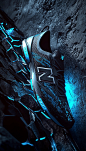 New Balance has created a full abstract background design, sophisticated, sporty, elegant, using sharp shapes, stone wall, worn steel, carbon fiber, iron mesh, Blue and grey, black details, glowing blue, glowing grey, hyper realistic, cinematic, cinematic
