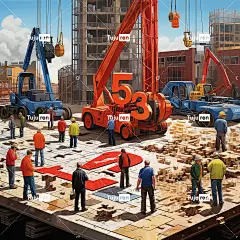 地面由建筑图纸组成还有起重机和大型卡车有人在指挥施海报