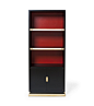 Scholar Bookcase – Amy Somerville London : A small but perfectly formed bookcase with leather back panels, bespoke handles and polished brass details. Available to order to size. Shown here in American black walnut black ebonised satin with polished brass