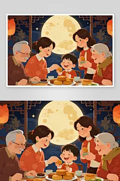 兔子灯赏月中秋节阖家团圆人物插画