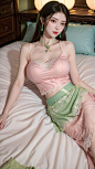  1girl, (Lace pink|green skirt:1.45), on Stomach, lying down, bed,aqua_earrings,Lights, lanterns, chang,(big breasts:1.55),hanfu, (antique cheongsam), (Chinese round fans), ll-hd, shidudou,midi skirt