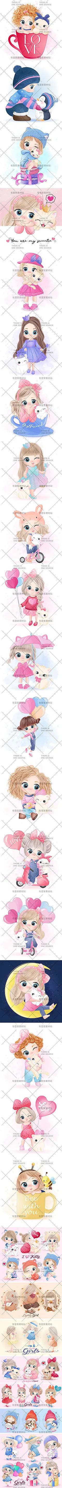 卡通可爱手绘唯美少女风女孩与猫动漫游戏人物插画AI矢量设计素材-淘宝网