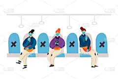 新现实社会距离概念矢量插图。戴着面罩和手套的扁平女性在地铁座椅上保持距离。用于横幅，海报，登陆页。