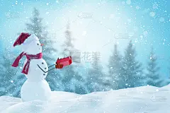 可爱微笑的雪人拿着红色的礼品盒。冬天的童话。圣诞快乐，新年快乐贺卡与复制空间