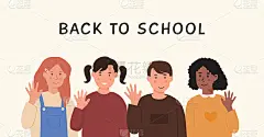 学生们挥手向学校问好或说再见。不同的孩子站在一起。男孩和女孩微笑着和学生们打招呼。彩色平面风格矢量插