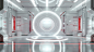 A simple sci-fi style design, high-end futuristic sense. In the middle, there is a circular display stage with technological elements, decorated with white light effects. Geometrical shapes made of glass materials similar to laboratory equipment. Lab styl