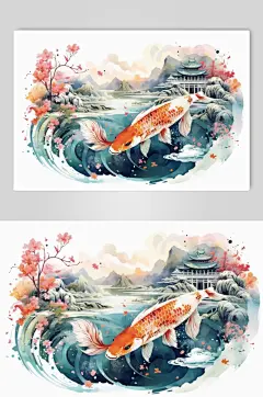 AI数字艺术国潮锦鲤山水建筑元素插画
