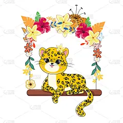 可爱的夏豹骑在秋千和热带树叶上。向量插图卡通动物卡哇伊风格。t恤设计
