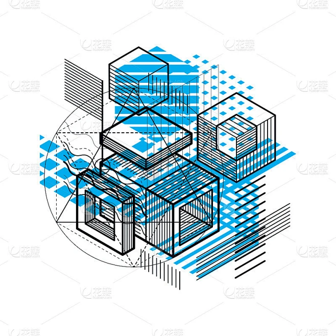 抽象三维图形组成，矢量等距背景。由立方体、六边形、正方形、长方形和不同的抽象元素组成。素材-花瓣网