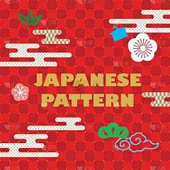 日本模板向量。红色图形图案背景与图标元素。
