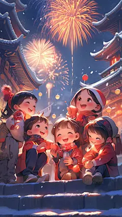 元旦新年春节一群人跨年看烟花手绘场景插画