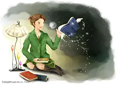 手绘插画之坐在地上拿着书本的女孩和带翅膀的书本