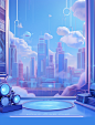 video game backdrop screenshot 21, in the style of light blue and sky-blue, industrial and product design, concert poster, dreamy, romanticized cityscapes, rounded, thx sound, interior scenes