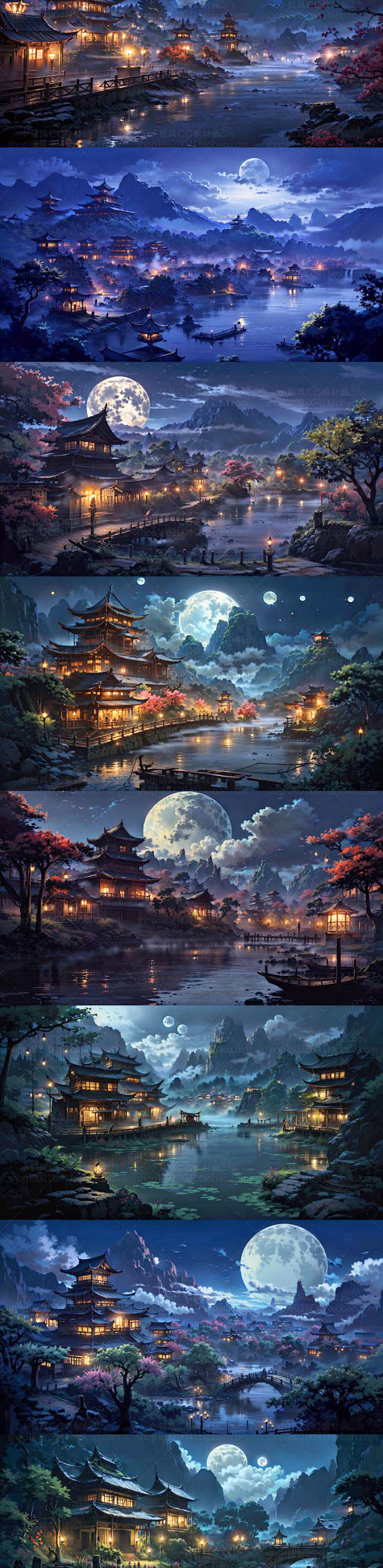 AI古风建筑素材 庭院夜景插画设计 背景临摹图 影视游戏场景资源
