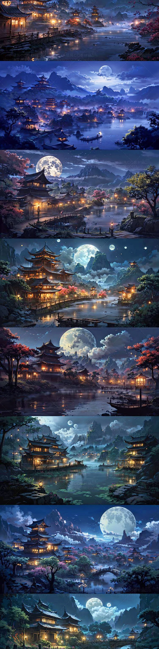 AI古风建筑素材 庭院夜景插画设计 背景临摹图 影视游戏场景资源-花瓣网