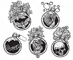瓶子中的蛇，金鱼，蛾子，骷髅手绘纹身插画矢量图素材