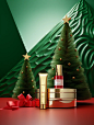 高级感圣诞节圣诞树化妆品护肤品礼物电商广告杂志摄影空间海报midjourney关键词咒语