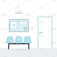 等候室。牙医。三个蓝色的空椅子。墙上有一张海报。天花板灯。线性的门。医学的约会。矢量插图，平面设计