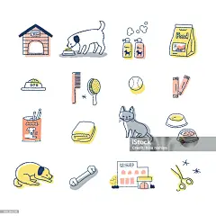 一组各种与宠物相关的项目 宠物、狗、猫、护理、项目、图标、线条图、工具、变体 宠物库存矢量图