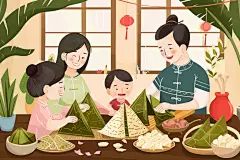 端午包粽子幸福手绘插画