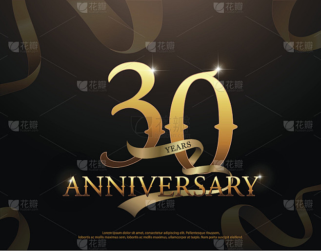 30周年庆典标志模板。第30号标志，黑色背景缎带