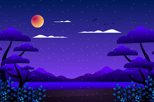 扁平矢量夜晚风景插画手绘乡村秋季野外森林...