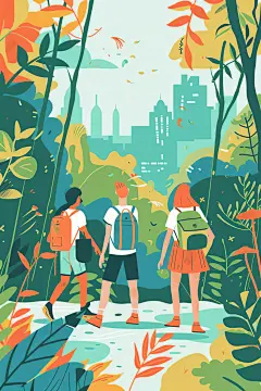 扁平风旅游彩色手绘插画