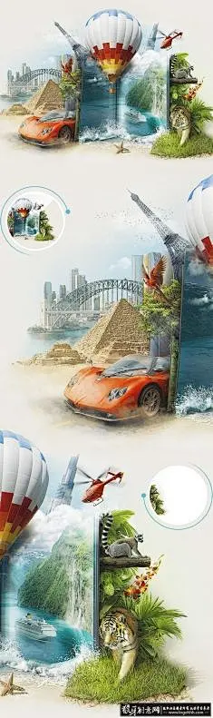 创意直升机元素合成海报欣赏 经典红色小车元素合成海报 优秀热气球元素合成海报设计图@北坤人素材