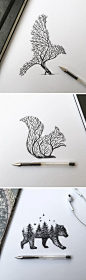 Pen & Ink Depictions of Trees Sprouting into Animals by Alfred Basha: 