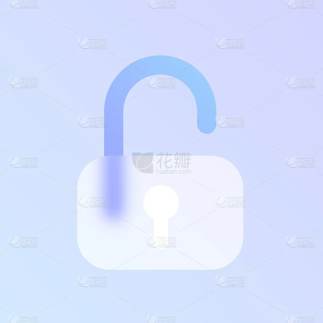 锁玻璃morphism时尚风格图标。打开锁颜色矢量图标模糊，透明玻璃和紫色梯度。用于网页和UI设计，素材-花瓣网