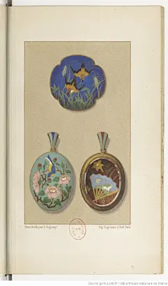 1868年有关珐琅工艺的书籍Les Émaux cloisonnés anciens et modernes中的彩页及当中一些作品细节。这本书由19世纪艺术评论家Philippe Burty撰写。Burty是印象派的支持者，也推动了日本风格的盛行。 ​​​​