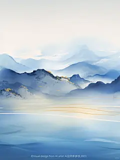 东方美学-鎏金粉蓝|新中式国风山水抽象插画