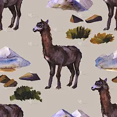 水彩羊驼野生羊驼无缝图案。喇嘛是南美的象征。可爱快乐的羊驼手绘插画创意绘画背景