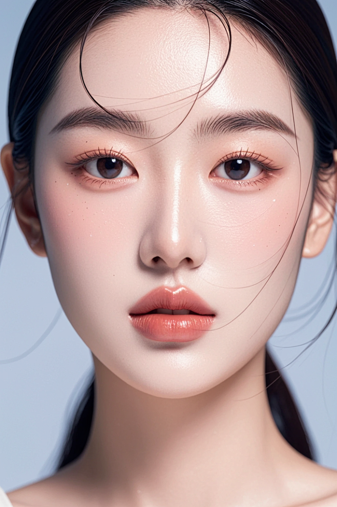 人物摄影，亚洲美女，光滑的皮肤，朦胧感，面部细节完美，人物细节精致，浅色的服装，半身特写，大光圈，细腻的光泽，背景是8K渐变半透明玻璃融化，