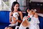 Free photo two happy pretty beautiful friends relaxing at home on sofa, smile and play with dogs