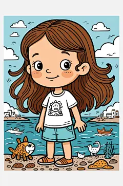 数字艺术插画版画海边女孩线条画扁平风装饰-众图网