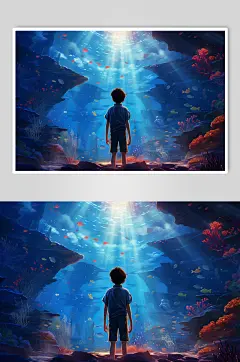 AI数字艺术海底世界人物背影插画