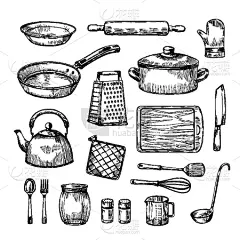 烹调用具,草图,厨房器具,擦菜板,长柄勺,广口瓶,设备用品,绘制,烹调,复古