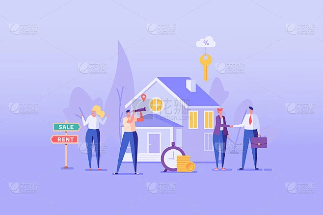出售、出租。人们租房与在线服务。用户在网上寻找出租公寓。出租房地产的概念，房屋出租。矢量插图的网页设素材-花瓣网