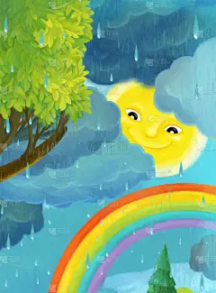 带蝴蝶和彩虹图画的卡通片雨景，供孩子们看