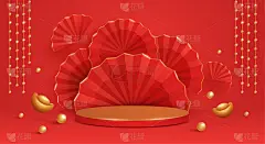 中国新年红、金主题讲台场景3D插画，以东方节日元素的纸质图形风格为背景进行产品展示。为设计提供广阔的