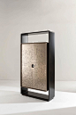 tall unit cabinet with black laquered structure and bronze liquid metal doors