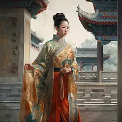 (3/4)在风格类似于artgerm、历史题材场景、rhads、ruan jia、南北朝、令人着迷的气氛城市景观、高分辨率的背景下，一位穿着长袍的亚洲女孩站在宫殿前，令人惊叹(AI绘图来自WeDraw.art)