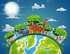 世界野生动物日的标志与动物和城市景观插图