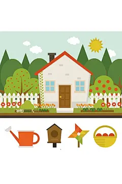 卡通带花园的房屋矢量图-众图网